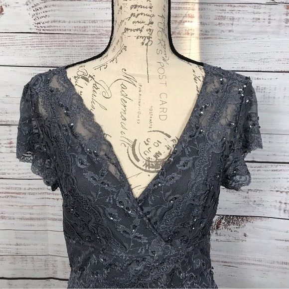 Marina Dress Short sleeve gray deep v-neck lace dressy formal midi dress - Picture 5 of 8